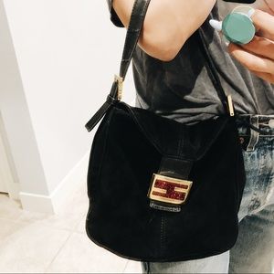 Fendi Vintage Black Suede Leather Baguette Bag